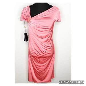 Tadashi Shoji coral pink asymmetrical ruched sheath midi dress size Medium NWT